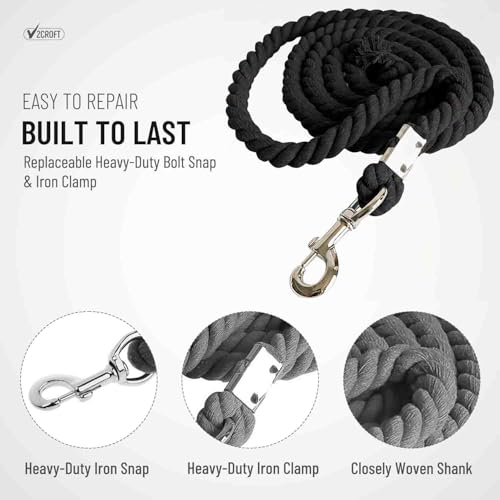 Cotton Lead Rope for Horses, 6.56 ft 4/5 in, Triple-Strand Black, Bolt Snap - color: Black