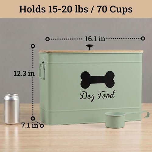 Metal Dog Food Container 15-20 lbs w/ Airtight Bamboo Lid, 70 Cup Capacity - color: Sage Green