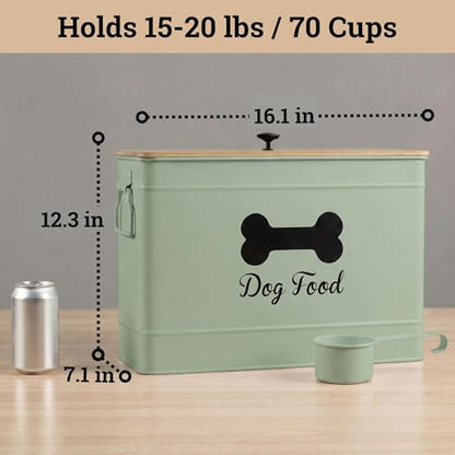 Metal Dog Food Container 15-20 lbs w/ Airtight Bamboo Lid, 70 Cup Capacity - color: Sage Green