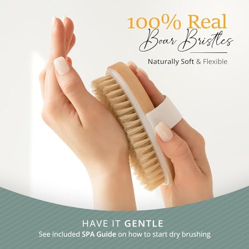 Belula 100% Boar Bristle Dry Brushing Body Brush Set, Face Brush, Gloves