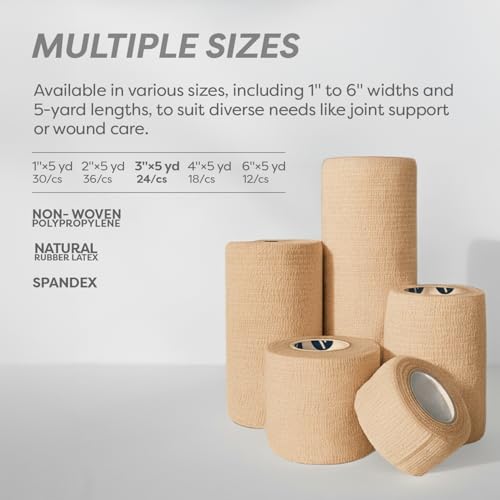 Dynarex Sensi-Wrap Self-Adhesive Bandages, 24-Pack, 3" x 5 Yards, Tan, Latex, Colored Elastic Cohesive Athletic Tape, Tattoo Grip & Vet Wrap
