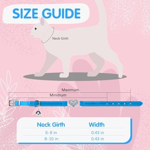 BINGPET Diamond Cat Collar with Bell, Adjustable Kitten Collar, Blue - color: Blue(Heart), size: Neck Girth 8"-10"