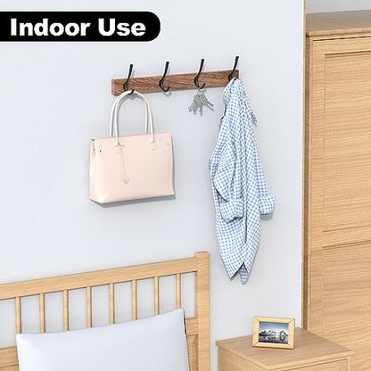 17 Inch Walnut Wood Wall Mounted Coat Rack with 4 Black Double Hooks, Adhesive Mounted Entryway Hooks, Modern Natural Wooden Pegs for Hanging Coat Clothes Hat Bag Purse Key and Towel - color: Coat Rack with 4 Black Hooks