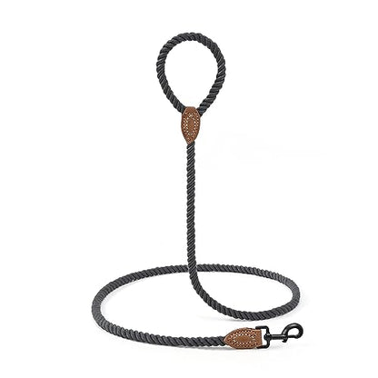 Mile High Life Dog Leash Braided Cotton Rope with Leather-Reinforced Ends - color: Dark Grey, size: 48 Inch-1/2"