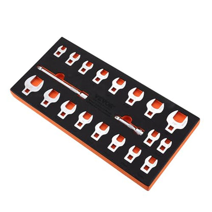 VEVOR Crowfoot Wrench Set, 3/8" Drive 20-Piece Crows Foot Wrench Set with 2 Extension Bars and EVA Tool Organizer,40CR Material with Mirror Chrome Finish, SAE 3/8"-7/8" and Metric 10-22 mm - size: 3/8" 20 PCS