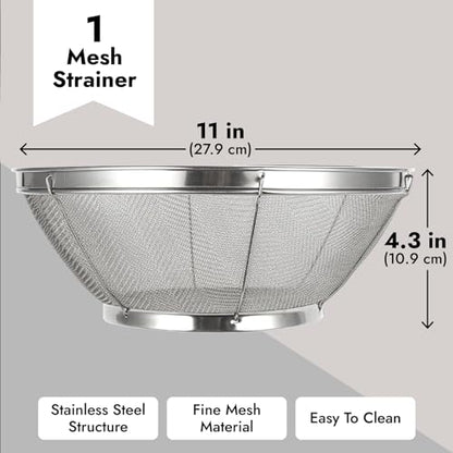 Juvale Stainless Steel Fine Mesh Strainer - Durable Rust-Resistant Mesh Colander - Ergonomic Handle Rice Colander - Ultra-Fine Flour Sifter - Dishwasher Safe with Stable Design - 11 in x 4 in, Silver