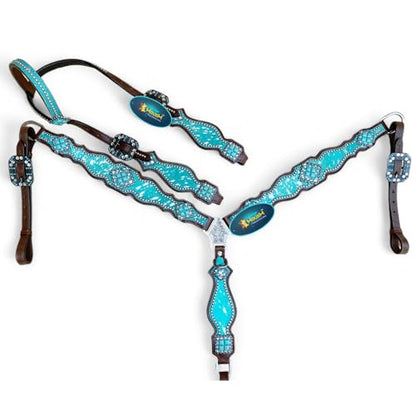 Western Leather Headstall & Breast Collar Set for Horses - Valentine’s Day Silver Metallic Cowhide with Rhinestones - color: Turquoise