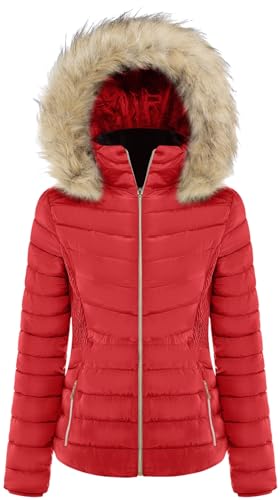 BodiLove Women's Fur Hooded Thickened Jacket with Fleece Lining - color: Red (Light Weight), size: Small