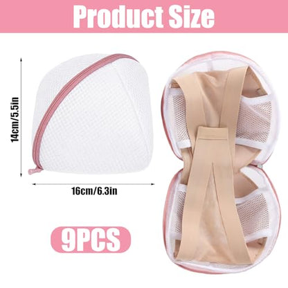9 Pieces Bra Washing Bags for Laundry - Mesh Lingerie Wash Bags with Zipper, Soft Polyester Delicates Protector for Bras, Underwear, Socks, and Travel Storage (White & Pink, 6.3" x 5.5")