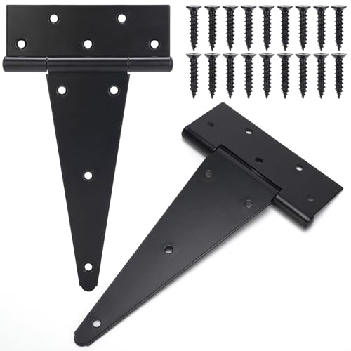 10 Inch T-Strap Gate Hinges, Shed Barn Door Hinges Heavy Duty, Black Tee Hinges for Wooden Fences, Yard Gate, Wrought Hardware Iron Rustproof (2Pack/Set) - size: 10 Inch