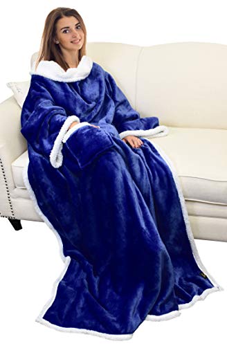 Catalonia Sherpa Wearable Blanket with Sleeves and Pocket for Adults - color: Blue, size: Standard Pocket
