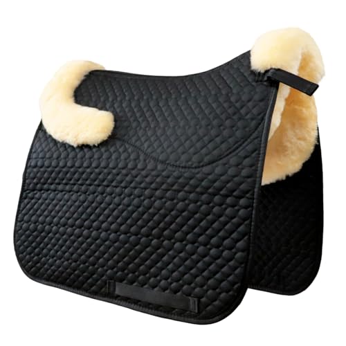 Woolous Dressage Saddle Pad, English Saddle Pad with Sheepskin Trim, Lambskin Wool Fleece Lining, Square Saddle Pad for Equestrian Riding, Comfortable & Shock Absorbing - color: Black/Beige