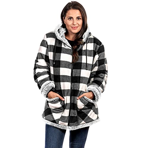 TrailCrest Women's Plush Sherpa Lined Hooded Plaid Zip-Up Jacket - color: White Plaid, size: Large