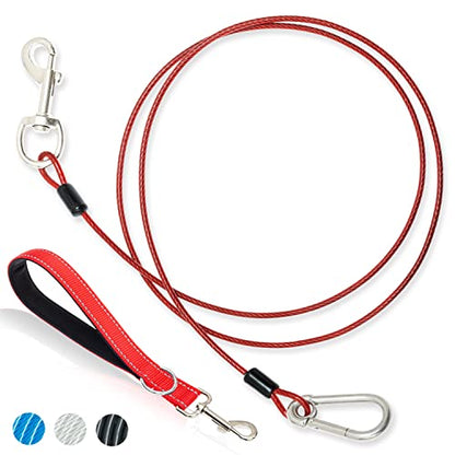 PAWNISAW Chew Proof Dog Leash, 5 FT Dog Tie Out Cable Lead with Handle - color: Red