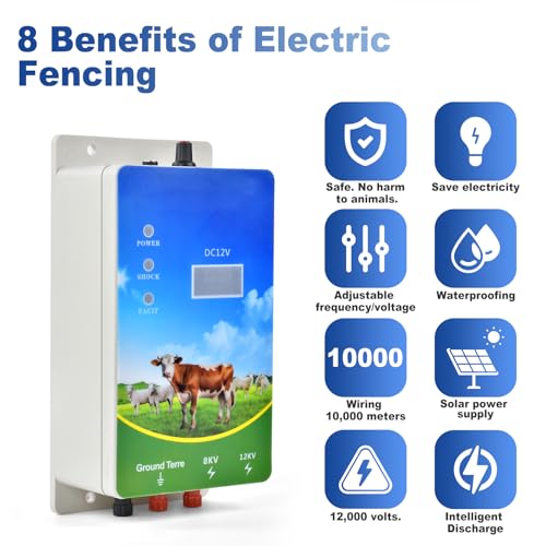 Electric Fence Charger 6 Mile, 8KV-12KV 2J Output, LED Display