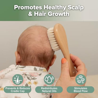 haakaa Wooden Baby Hair Brush for Newborns and Toddlers, Carry Pouch