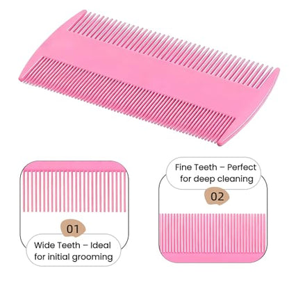 MEDUWEDU 5 Pack Flea & Lice Comb Set for Cats, Dogs & Kids – Stainless Steel Fine Tooth Nit Comb Kit with Double-Sided Tear Stain Remover, Grooming Brush & Peine para Piojos for Thick Hair (Pink) - color: Pink
