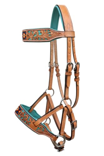 Horse Western Tan Leather Padded Bitless Training Sidepull Bridle Reins - color: Floral Filigree Turquoise