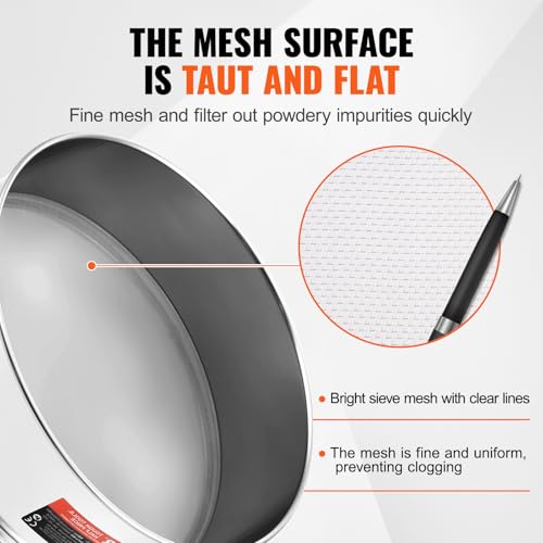 VEVOR Flour Sieve Fine Mesh, 40 Mesh Sifter, 304 Stainless Steel Sifter Food-grade, Dia. 12.6" Fine Mesh Strainers for Baking, 5 Sizes Mesh hole for Mungbean, Rice, Flour, Pearl Powder - style: 40 Mesh