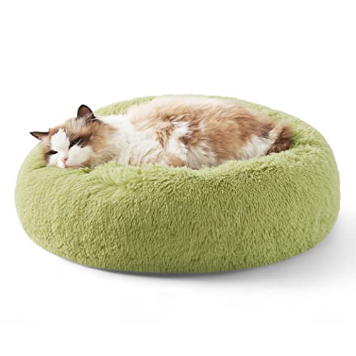 Bedsure Calming Cat Beds Donut Round Washable Kitten Bed,20 inches Green | Fluffy Faux Fur Cuddler,Anti-Slip Bottom,Anti-Anxiety,Deep Sleeping for Cats&Small Pets Up to 15 Lbs - color: Green, size: 20"L x 20"W x 6"Th