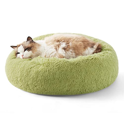 Bedsure Calming Cat Beds Donut Round Washable Kitten Bed,20 inches Green | Fluffy Faux Fur Cuddler,Anti-Slip Bottom,Anti-Anxiety,Deep Sleeping for Cats&Small Pets Up to 15 Lbs - color: Green, size: 20"L x 20"W x 6"Th