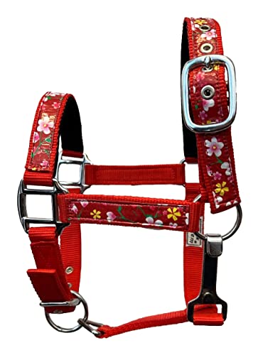 2 Ply Nylon Pony Halter with Flower Design Tape Accent - color: Red