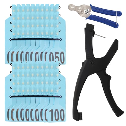 100 Pack Large Blank Cattle Ear Tags with Applicator, One-Piece TPU Livestock Ear Tags for Cattle Cow Calf Bull Sheep Goat Pig Hog Horse, Animal Identification Tags for Farm Ranch (Blue, 001-100) - color: Blue, size: 001-100