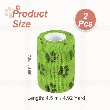 Pet Wrap Bandages, 3 Inch 5 Yard Self Adhesive Bandage Wrap, Pet Non-Woven Tape First Aid Cohesive Gauze, (Grass Green/Paw, 2 Pcs), Intended for Dog/Cat/Bird/Legs/Paws/Wound - color: Grass Green, size: 3 inch
