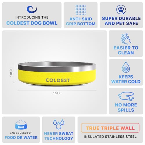Coldest Dog Bowl - Anti Rust Metal, Non Slip, 3 Layers Insulated Stainless Steel Dog Bowls - Spill Proof & Heavy Duty - Water Bowl for Dogs, Cats & Pets, Dish Washer Safe (21 oz, Solar Yellow) - color: Solar Yellow, size: 21 oz