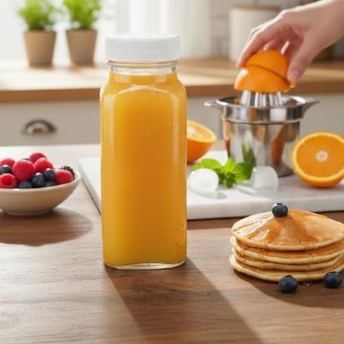 kitchentoolz 8oz Square Glass Juice Shot Bottle with Lid – 6 Pack 8 oz Milk Glass Bottles with Lids for Lunch Box, Airtight Reusable Drinking Jars for Smoothies, Yogurt, Kefir, Juice & Water - color: 8oz, style: 6 Pack