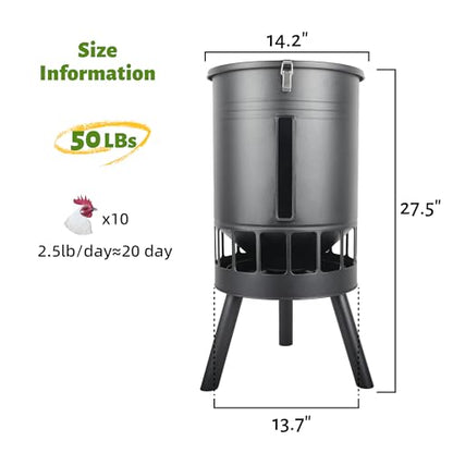 KOL 50LB Metal Chicken Feeder - No Waste, No Clog Design with 16 Ports & Smooth Gravity-Flow, Powder Coated Rust-Proof for Coop Use (Black) - color: Black