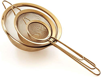 Strainer Set Fine Mesh – Premium 304 Stainless Steel (18/8) – 8″, 5.5″ and 3.3″ Sturdy Kitchen Strainers (Gold) - color: Gold