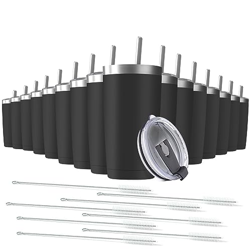 16 pack 20 oz Stainless Steel Insulated Tumbler with Straw and Lid, Double Wall Travel Coffee Mug Vacuum Insulated Bulk Tumbler, Suitable for Vehicle Cup Holders （Black） - color: Black, size: 16 Count (Pack of 1)