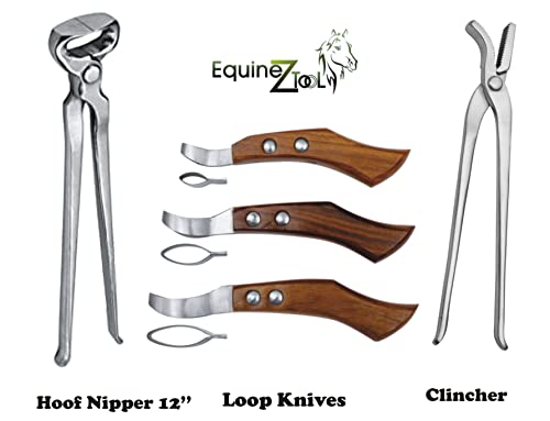 Hoof Nipper 12" with Horse Shoe Hoof Nail Clincher & Farrier Loop Knives Hoof Knife Set – Premium Vanadium Steel Farrier Tool Kit for Professional Horse Hoof Trimming & Shoeing