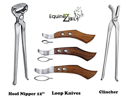 Hoof Nipper 12" with Horse Shoe Hoof Nail Clincher & Farrier Loop Knives Hoof Knife Set – Premium Vanadium Steel Farrier Tool Kit for Professional Horse Hoof Trimming & Shoeing