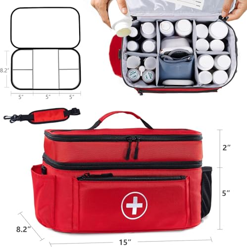 Medicine Organizer and Storage Bag Empty, Family First Aid Box, Pill Bottle Organizer Bag for Emergency Medication, Supplements or Medical Kits, Zippered Medicine Bag for Home and Travel (Red)