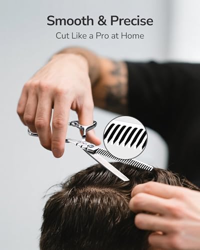 ULG Hair Thinning Scissors 6.7” Shark Series 100% Japanese Stainless Steel, Offset Handle, 30-Tooth Seamless Thinner 15% Hair Removal, Professional Barber Layering Shears for Salon & Home Hair Styling - color: Blue02