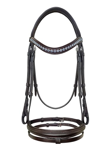Equine Care English Horse Bridle with Reins, Padded, 6 Browband Styles - color: Havana Brown with Ice Blue Crystal