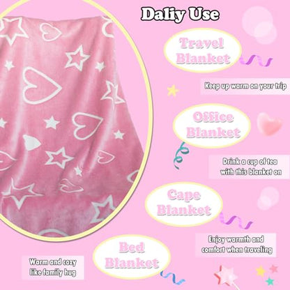 Glow in The Dark Pink Cute Love Throw Blanket with Storage Bag, Soft Throw Blankets, Gifts for Children Ages 1-10, Girls Kids Blanket, Day Care Home Office Travel Use, Pink - color: Pink Love