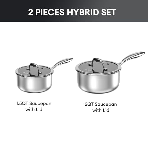 COOKER KING Sauce Pan Set, 1.5 QT & 2 QT Saucepan with Lid, Hybrid Ceramic Nonstick Saucepan, non stick Sauce pot, Stainless steel Cookware, Induction Compatible (PFAS/PFOA/PTFE Free) - size: 1.5 Quarts & 2 Quarts