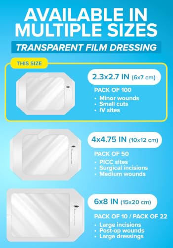 Transparent Film Dressing, Waterproof Bandages 2.3x2.7 100-Pack | FSA&HSA | occlusive dressing & clear wound cover for showering - tattoo protection film & transdermal patch cover, IV covers for PICC - size: 2.3x2.7 100ct