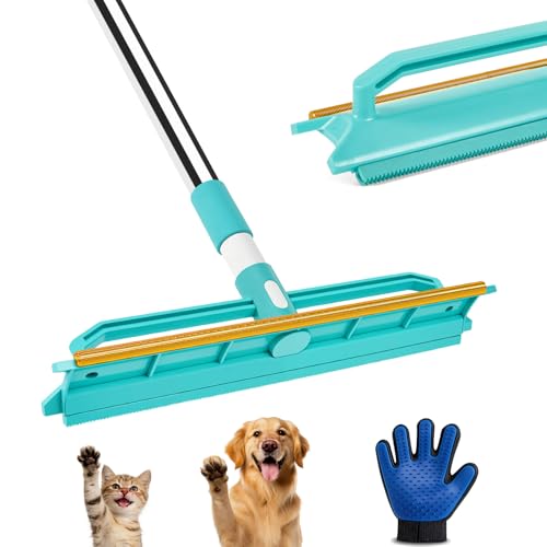 Carpet Rake for Pet Hair Removal, 2 in 1 Silicone and Copper Rake Teeth Carpet Rake with 59” Adjustable Long Handle, Reusable Pet Hair Remover Tool Kit with Carpet Scraper and Glove - size: 59”