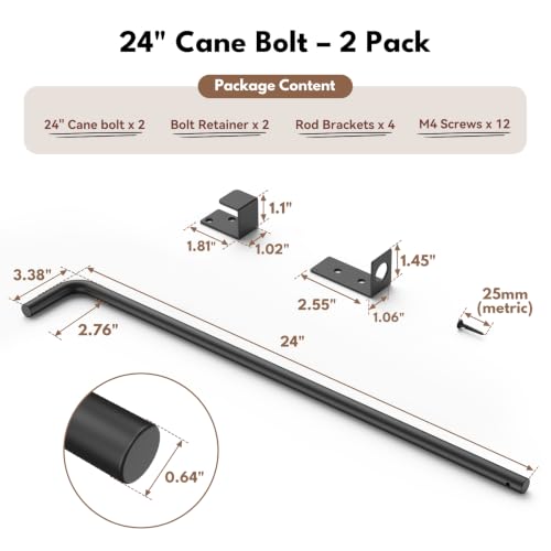24" Heavy Duty Cane Bolt Drop Rod for Gate, Pack of 2 | Thickened Steel Outdoor Gate Latch, Wind Resistant for Wood, Vinyl, Metal, Iron, Double Fencing - size: 24 inch-2 Pack