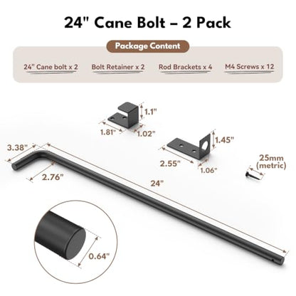 24" Heavy Duty Cane Bolt Drop Rod for Gate, Pack of 2 | Thickened Steel Outdoor Gate Latch, Wind Resistant for Wood, Vinyl, Metal, Iron, Double Fencing - size: 24 inch-2 Pack