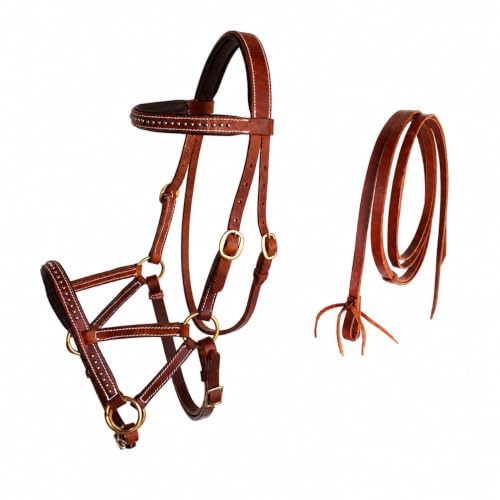 Horse Western Leather Tack Studded Bitless Sidepull Bridle Reins 77RS03 - color: Tan