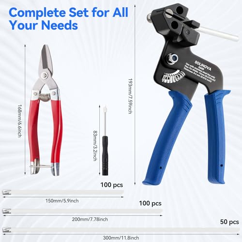 Stainless Steel Cable Tie Gun Metal Zip Cutter Heavy Duty Outdoor, 250PCS 304 Metal Zip Ties Adjustable Fastening Cutting Tie Tool Sets for Vehicles Exhaust Wrap Wire Fence Chicken Coop - color: Blue
