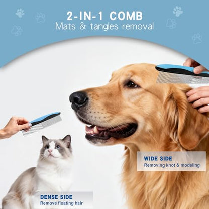 GOESWELL Pet Deshedding Brush - Undercoat Rake for Dogs & Cats - Double Sided Brush for Shedding and Dematting Comb for Dogs Grooming Tool kit - (Blue(Rake +Comb)) - color: Blue(Rake + Comb)