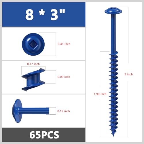 Wensilon (Blue) Pocket Hole Screws # 8 * 3" 65pcs 1lbs Square Hole Wood Screws and Round Head Square Hole self Tapping Screws are Suitable for Wooden use.150MM,60MM Drive bit Included. - color: Blue, size: 8*3"