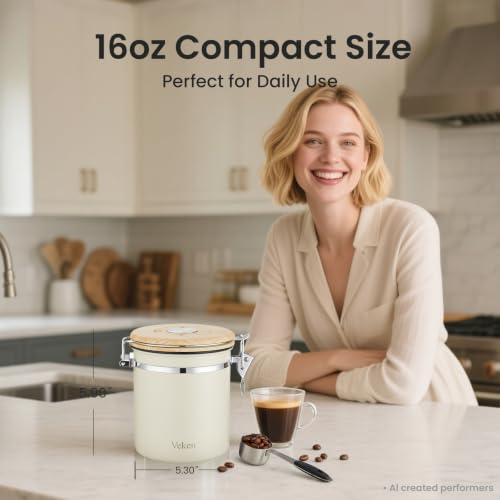 Veken Coffee Canister, Airtight Stainless Steel Food Storage Container,16OZ - color: Cream, size: 16 oz