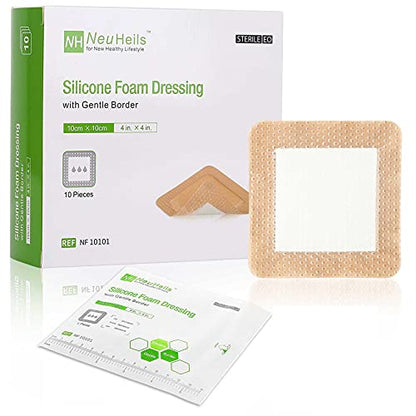 NeuHeils Border Silicone Foam Dressing 4"x4", 10 Pack for Bed Sores - size: 4x4 Inch (Pack of 10)